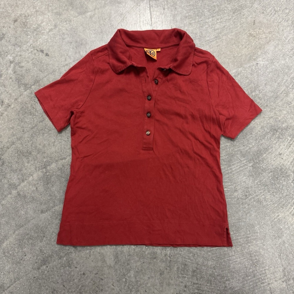 Women's Tory Burch Red Top Short Sleeve Shirt Preppy Henley XL
